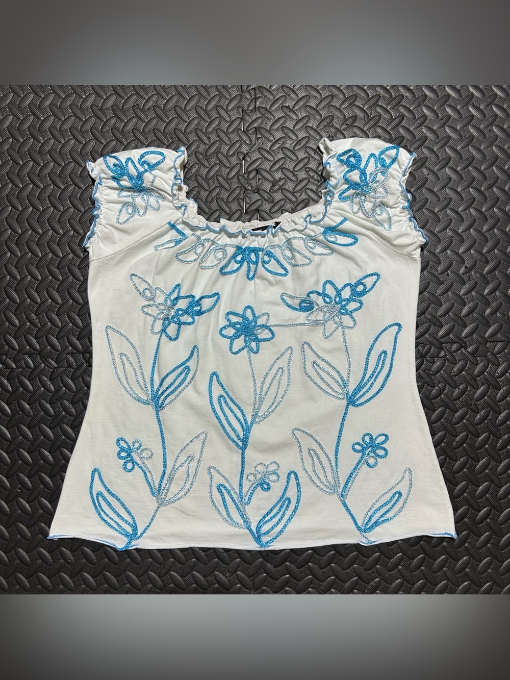 Once Again Floral Embroidery Blouse Artsy Ruffle Botanical White Womens Medium